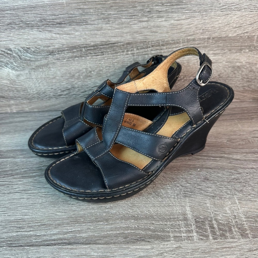 Born Leather Sandals Black Strappy Wedge Slingback Travel Cruise Womens 9 / 40.5